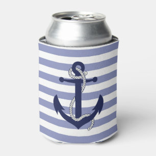 Nautical navy blue anchor with rope/blue stripe can cooler