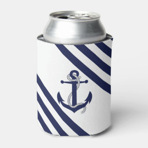 Nautical navy blue anchor with rope/blue stripe can cooler