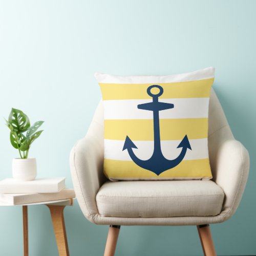 Nautical Navy Blue Anchor with Yellow Stripes Throw Pillow