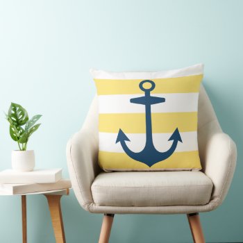 Nautical Navy Blue Anchor With Yellow Stripes Throw Pillow by plushpillows at Zazzle