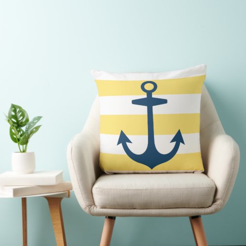 Nautical Navy Blue Anchor with Yellow Stripes Throw Pillow