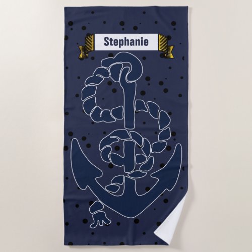 Nautical Navy Blue Anchor with Your Name or Quote Beach Towel