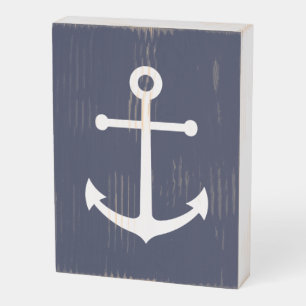 Nautical Navy Blue Anchor Wooden Box Sign