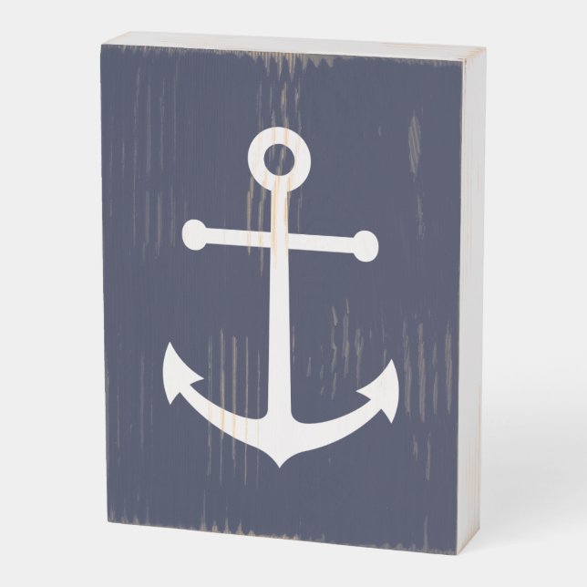 Nautical Navy Blue Anchor Wooden Box Sign (Angled Vertical)