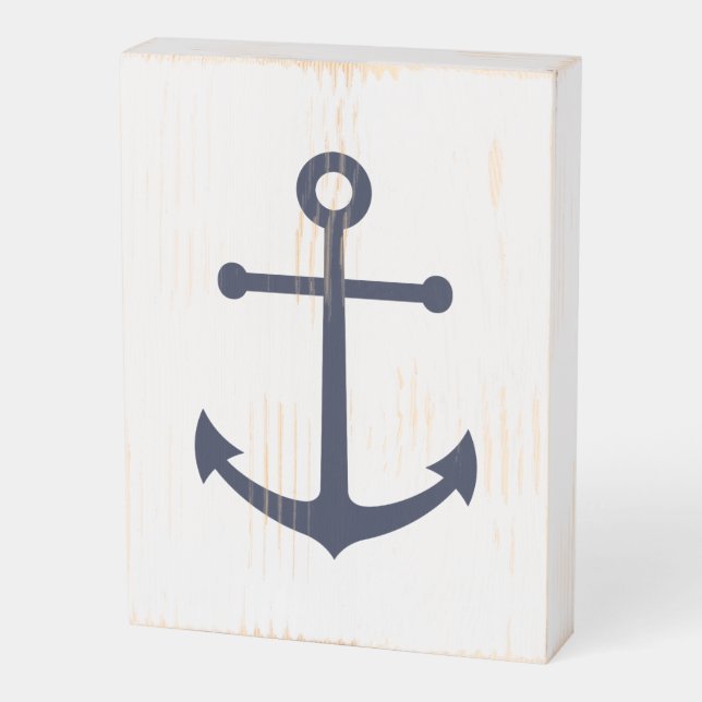 Nautical Navy Blue Anchor Wooden Box Sign (Angled Vertical)