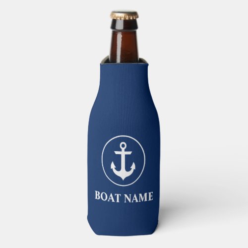 Nautical Navy Blue Anchor Your Boat Name Bottle Cooler
