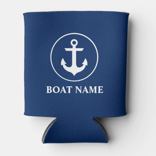 Nautical Navy Blue Anchor Your Boat Name Can Cooler | Zazzle