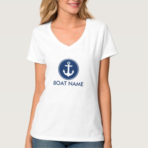 Nautical Navy Blue Anchor Your Boat Name V_Neck T_Shirt