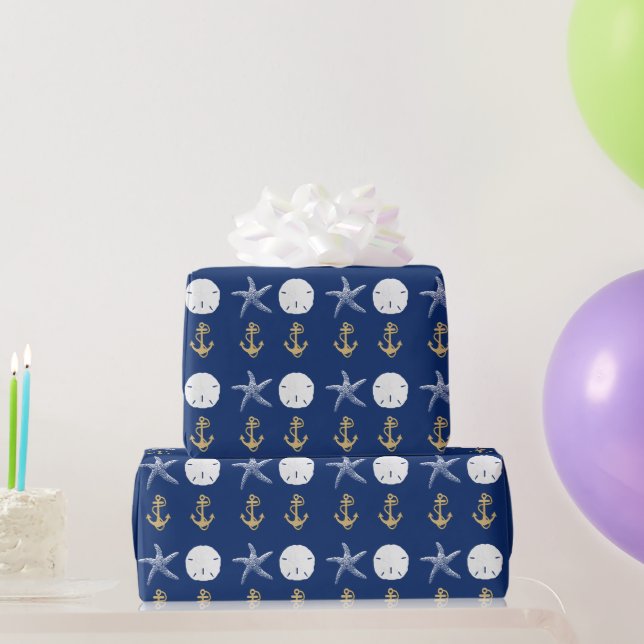Nautical Navy Blue Anchors Coastal Starfish Wrapping Paper (Party Gifts)