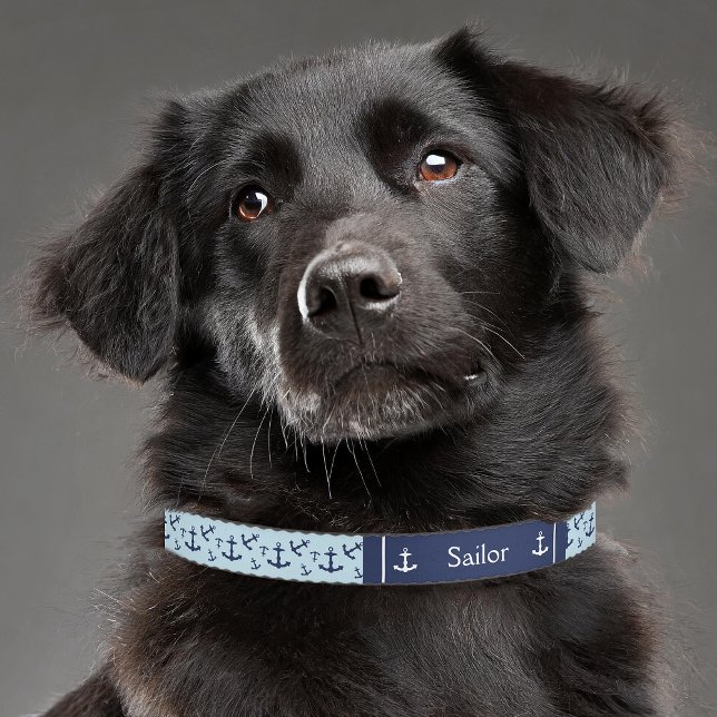 Nautical Navy Blue Anchors With Pet's Name Pet Collar (Please note: This image is a digital mockup. The product may not be in scale.)