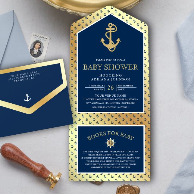 Nautical Navy Blue and Gold Anchor Baby Shower All In One Invitation (Creator Uploaded)