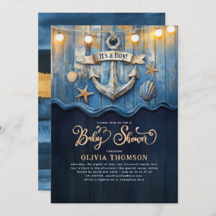Nautical Navy Blue and Gold Anchor Baby Shower Invitation