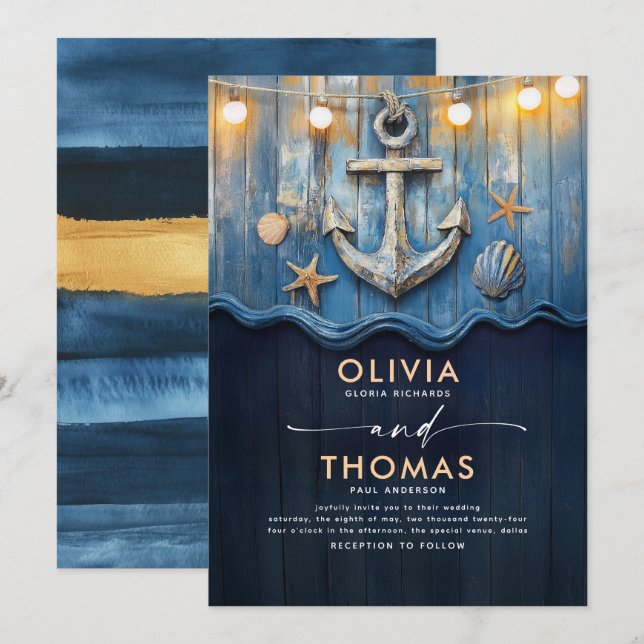 Nautical Navy Blue and Gold Anchor Wedding Invitation (Front/Back)