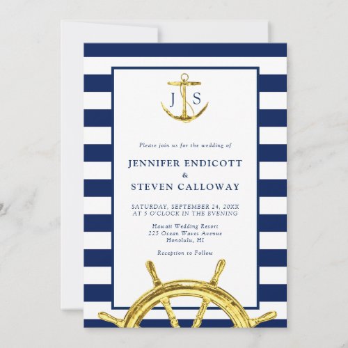 Nautical Navy Blue and Gold Anchor Wedding Invitation