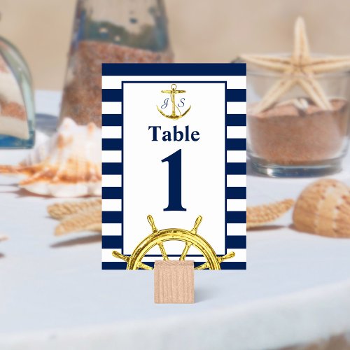 Nautical Navy Blue and Gold Wedding Table Number