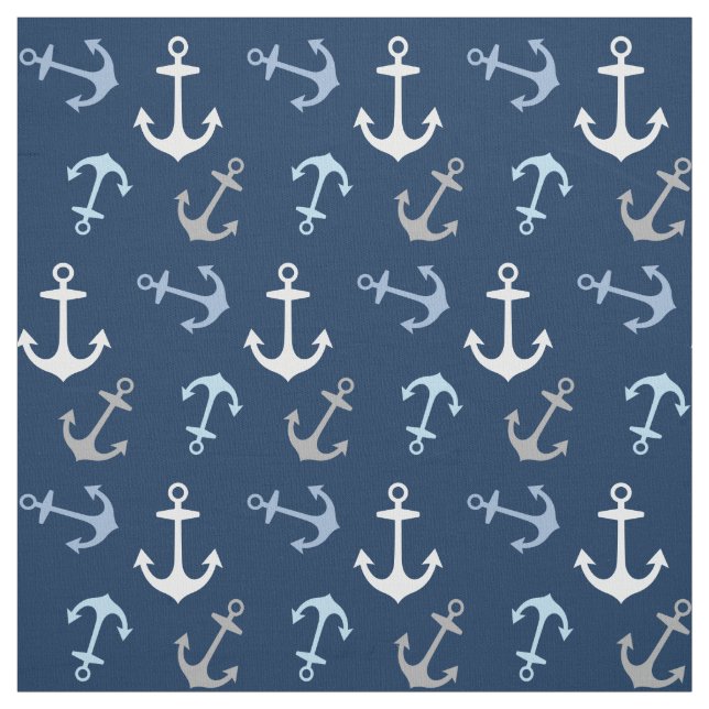 Nautical Navy Blue and Gray Anchors Pattern Fabric (Swatch)