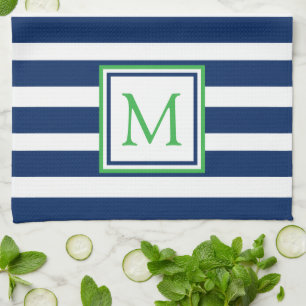 Nautical Navy Blue and Green Stripe Monogram Kitchen Towel