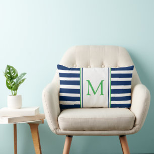 Nautical Navy Blue and Green Stripe Monogram Lumbar Pillow