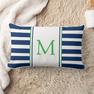 Nautical Navy Blue and Green Stripe Monogram Lumbar Pillow