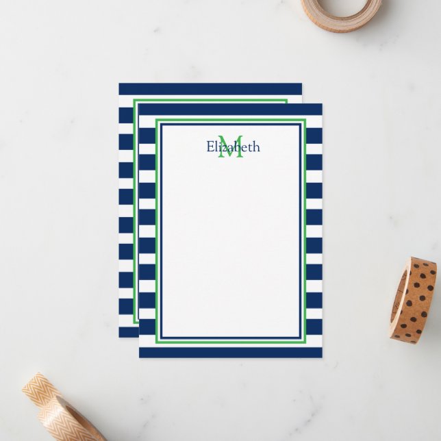 Nautical Navy Blue and Green Stripe Monogram Note Card (Front/Back In Situ)