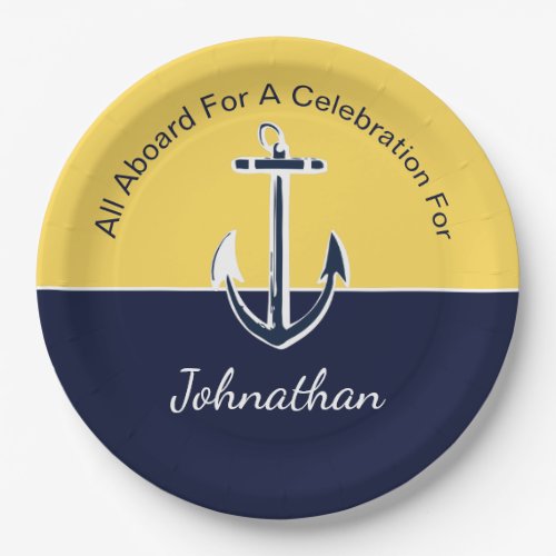 Nautical Navy Blue and Mustard Yellow Anchor Party Paper Plates