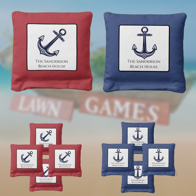 Nautical Navy Blue and Red Anchor Coastal Monogram Cornhole Bags (Creator Uploaded)