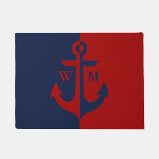 Nautical Navy Blue and Red Anchor Monogram Doormat (Front)