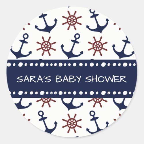 Nautical Navy Blue and red Anchor rudder pattern Classic Round Sticker