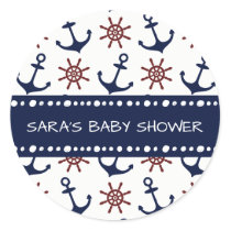 Nautical Navy Blue and red Anchor rudder pattern Classic Round Sticker