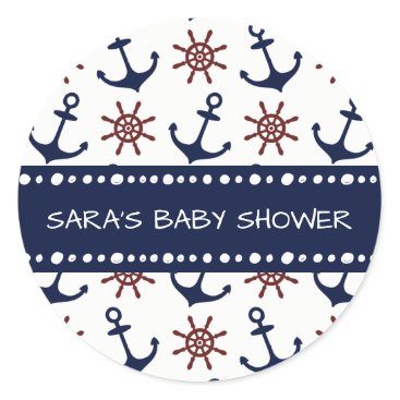 Nautical Navy Blue and red Anchor rudder pattern Classic Round Sticker