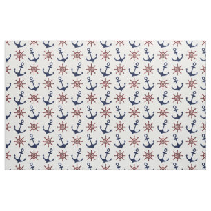 Nautical Navy Blue and red Anchor rudder pattern Fabric