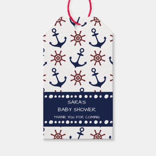 Nautical Navy Blue and red Anchor rudder pattern Gift Tags