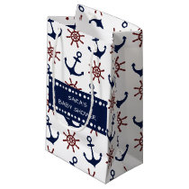 Nautical Navy Blue and red Anchor rudder pattern Small Gift Bag