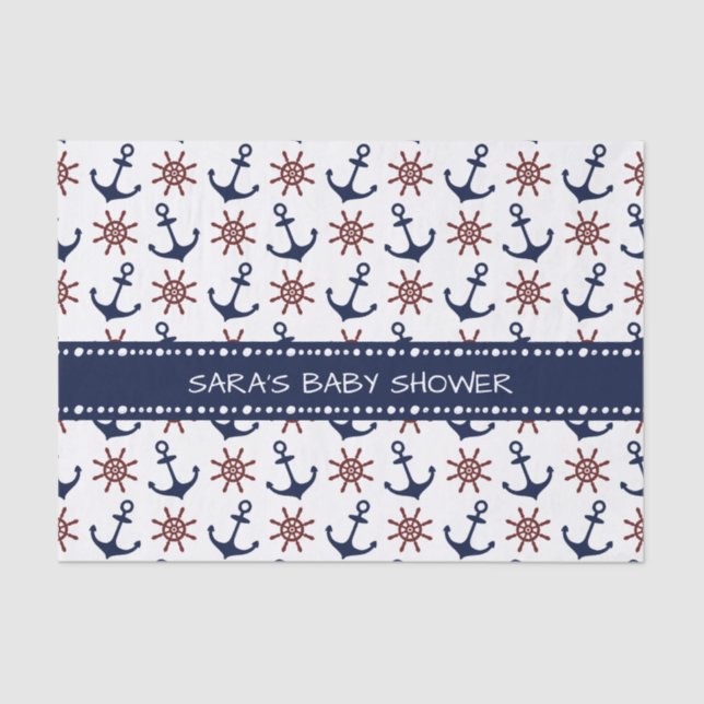 Nautical Navy Blue and red Anchor rudder pattern Tissue Paper (Front)