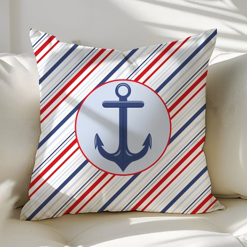 Nautical Navy Blue and Red Stripes Anchor Throw Pillow