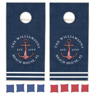 Nautical Navy Blue and Rose Gold Anchor Family Cornhole Set
