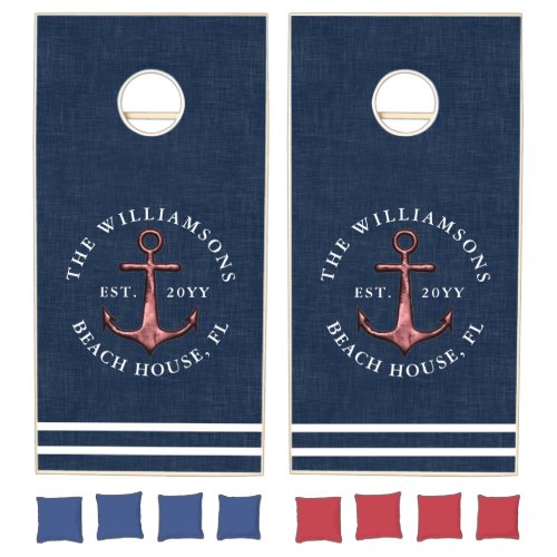 Nautical Navy Blue and Rose Gold Anchor Family Cornhole Set