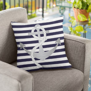Nautical Navy Blue and Silver Anchor Sailing Throw Pillow