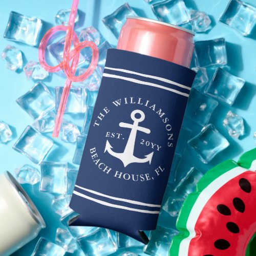 Nautical Navy Blue and White Anchor Beach House Seltzer Can Cooler