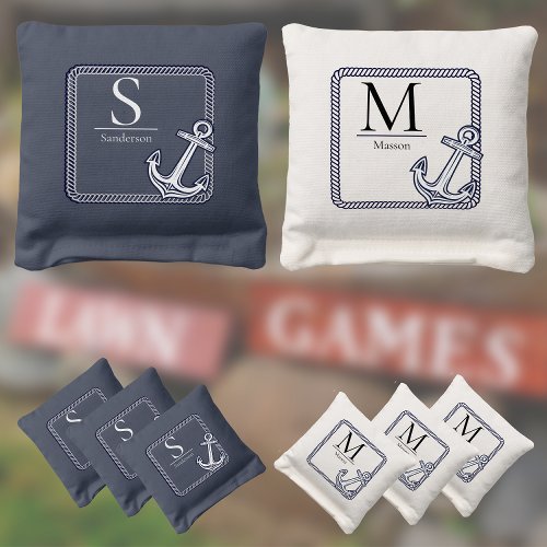 Nautical Navy Blue and White Anchor Coastal Monogr Cornhole Bags
