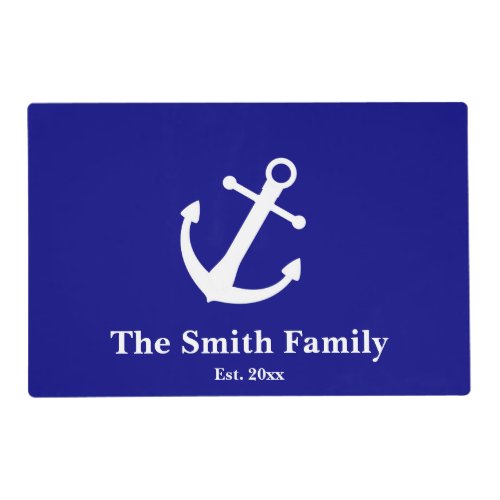 Nautical Navy Blue and White Anchor Family Name Placemat