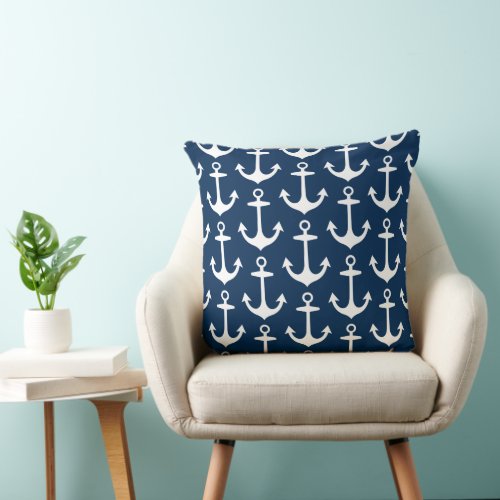 Nautical Navy Blue and White Anchor Pattern Throw Pillow