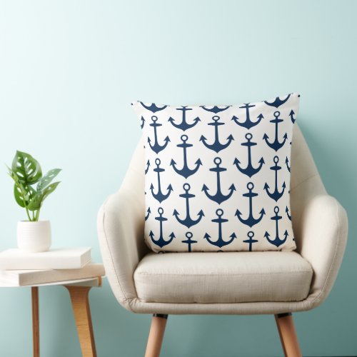 Nautical Navy Blue and White Anchor Pattern Throw Pillow