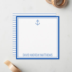 Nautical Navy Blue and White Anchor Personalized Note Card