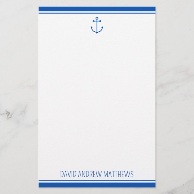 Nautical Navy Blue and White Anchor Personalized Stationery (Front)