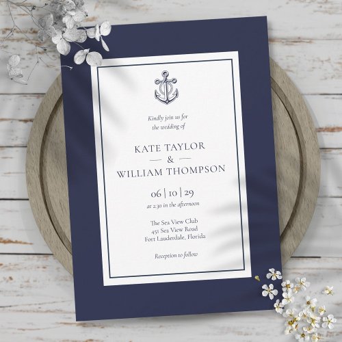 Nautical Navy Blue And White Anchor Wedding Invitation