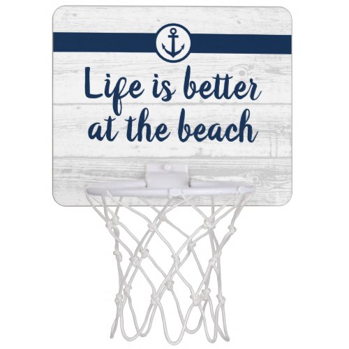 Nautical navy blue and white anchor wood panel mini basketball hoop