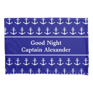 Nautical Navy Blue and White Anchors and Name Pillow Case
