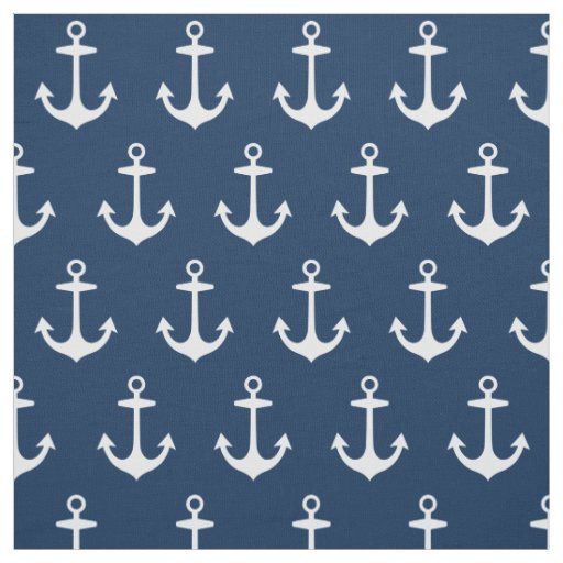 Nautical Navy Blue and White Anchors Pattern Fabric | Zazzle