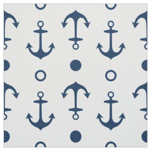 Nautical Navy Blue and White Anchors Pattern Fabric